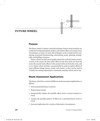 228	 A Guide to Assessing Needs228	 A Guide to Assessing Needs
Purpose
The future wheel is a future-oriented technique. Fu...