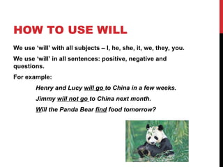 HOW TO USE WILL
We use ‘will’ with all subjects – I, he, she, it, we, they, you.
We use ‘will’ in all sentences: positive, negative and
questions.
For example:
Henry and Lucy will go to China in a few weeks.
Jimmy will not go to China next month.
Will the Panda Bear find food tomorrow?
 