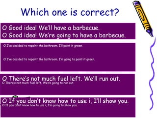 Which one is correct?
O Good idea! We’ll have a barbecue.
O Good idea! We’re going to have a barbecue.
O I’ve decided to repaint the bathroom. I’ll paint it green.
O I’ve decided to repaint the bathroom. I’m going to paint it green.
O There’s not much fuel left. We’ll run out.
O There’s not much fuel left. We’re going to run out.
O If you don’t know how to use i, I’ll show you.
O If you don’t know how to use i, I’m going to show you.
 