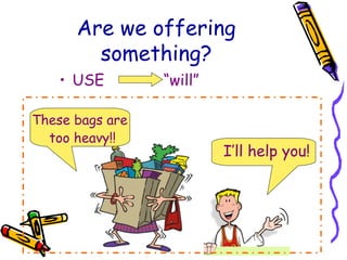Are we offering
something?
• USE “will”
These bags are
too heavy!!
I’ll help you!
 