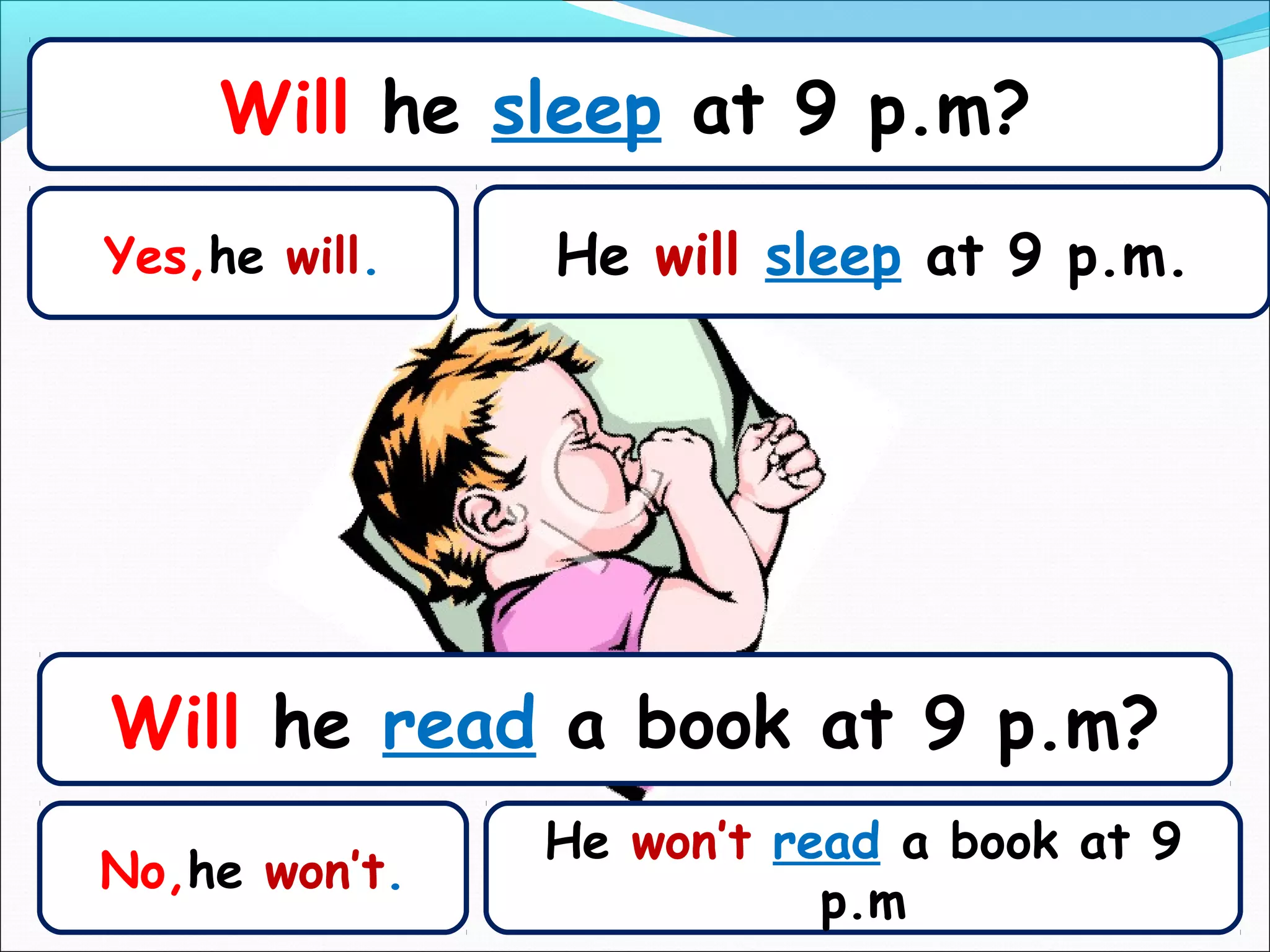 Will he sleep at 9 p.m?
Yes,he will.   He will sleep at 9 p.m.




Will he read a book at 9 p.m?
               He won’t read a book at 9
No,he won’t.
                          p.m
 