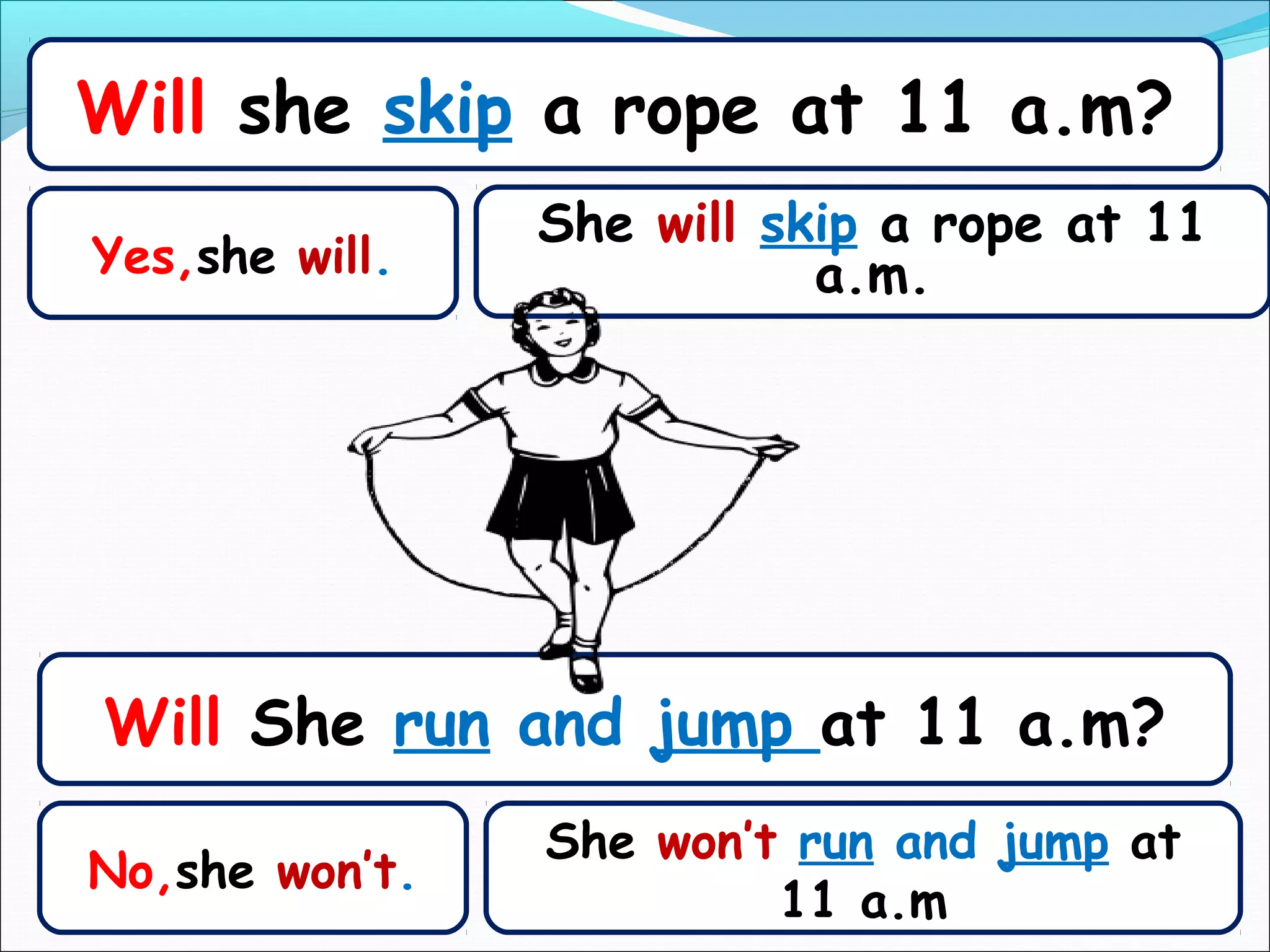 Will she skip a rope at 11 a.m?
                She will skip a rope at 11
Yes,she will.              a.m.




Will She run and jump at 11 a.m?
                She won’t run and jump at
No,she won’t.
                         11 a.m
 