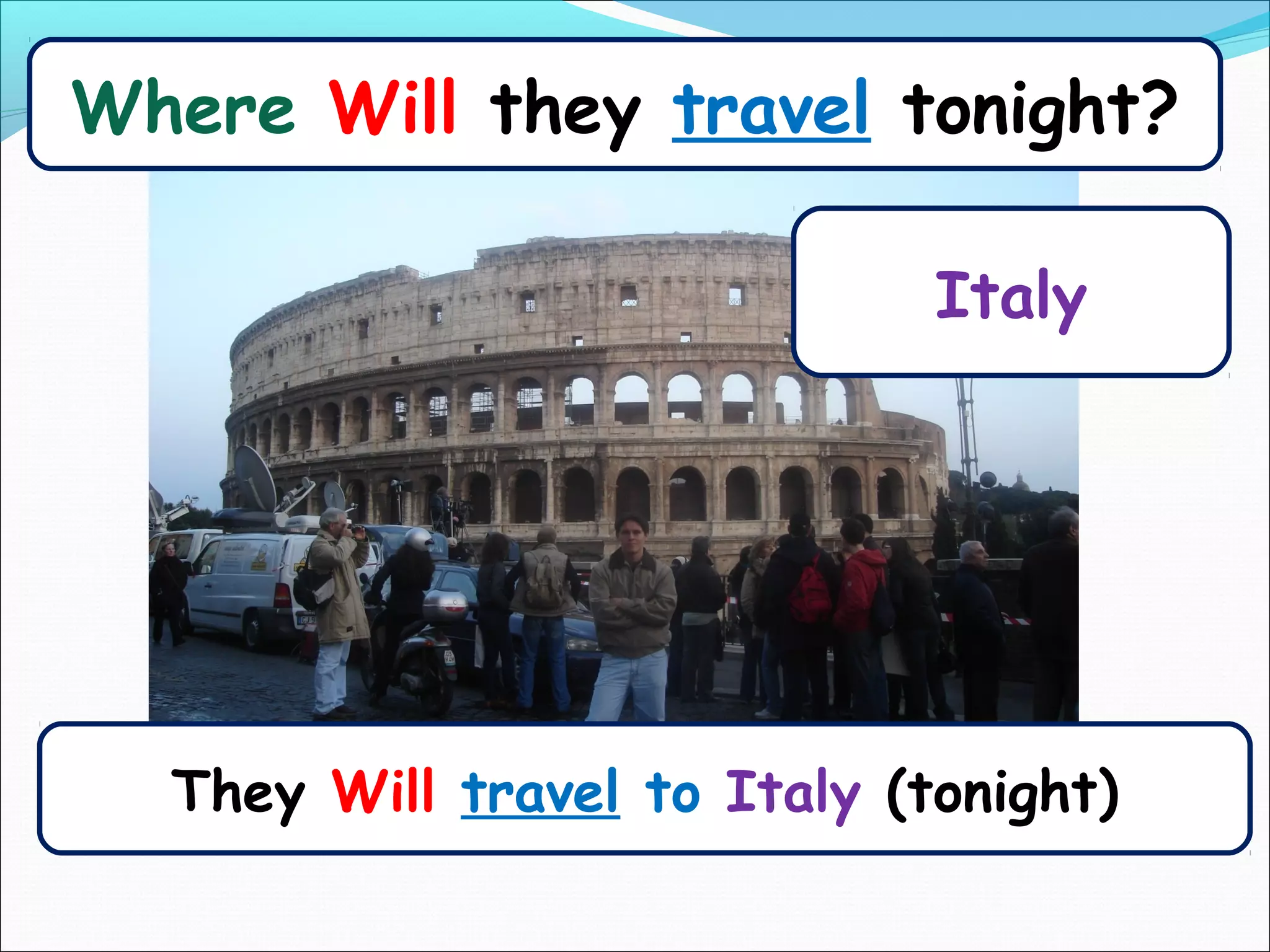 Where Will they travel tonight?

                              Italy




  They Will travel to Italy (tonight)
 