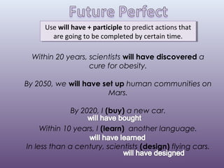Within 20 years, scientists will have discovered a
cure for obesity.
By 2050, we will have set up human communities on
Mars.
By 2020, I (buy) a new car.
Within 10 years, I (learn) another language.
In less than a century, scientists (design) flying cars.
Use will have + participle to predict actions that
are going to be completed by certain time.
Use will have + participle to predict actions that
are going to be completed by certain time.
 