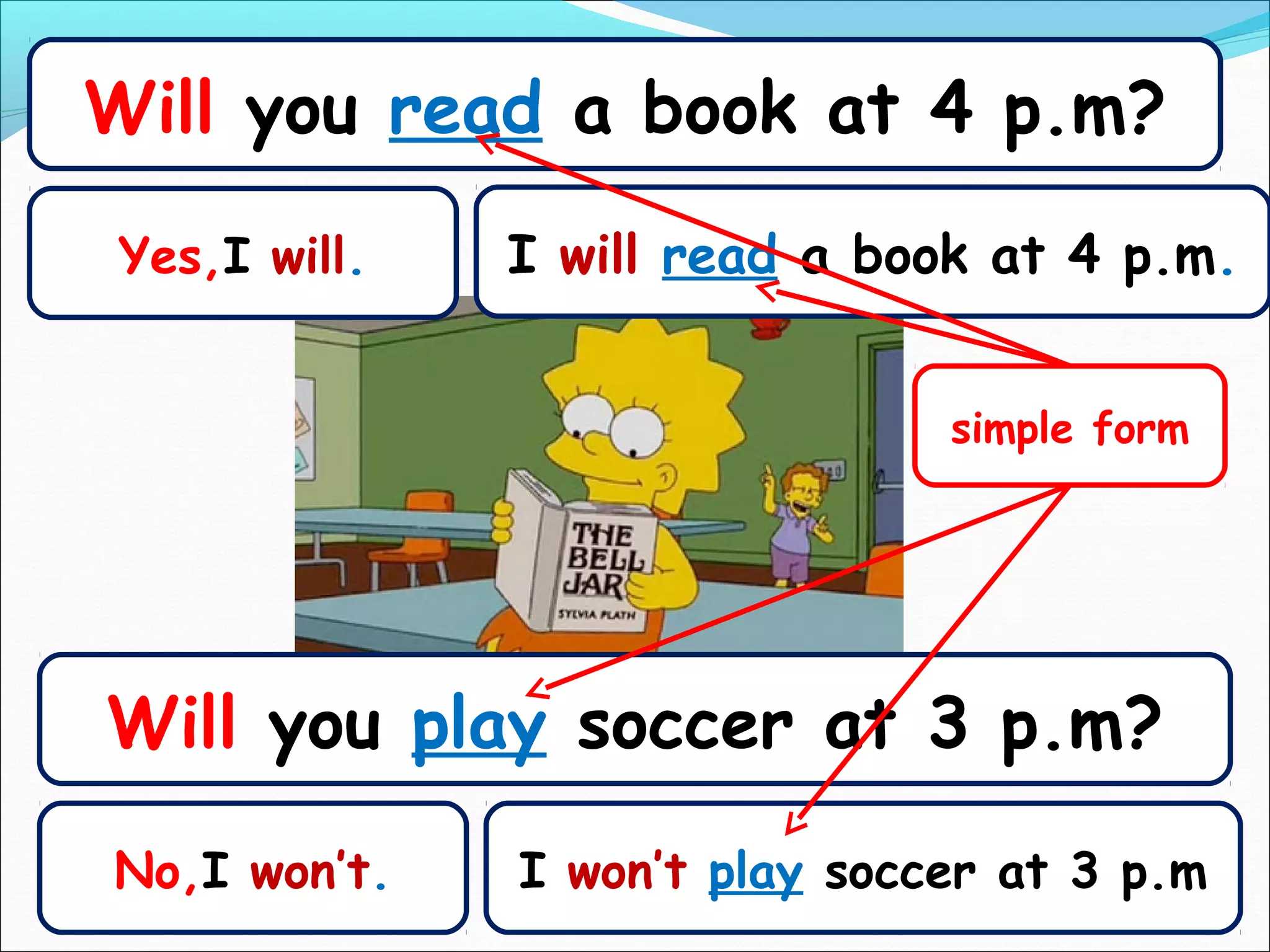 Will you read a book at 4 p.m?
Yes,I will.   I will read a book at 4 p.m.


                               simple form




Will you play soccer at 3 p.m?
No,I won’t.   I won’t play soccer at 3 p.m
 
