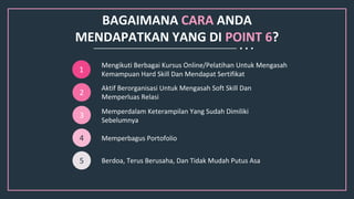 Mengikuti Berbagai Kursus Online/Pelatihan Untuk Mengasah
Kemampuan Hard Skill Dan Mendapat Sertifikat
4
1
2
3
5
BAGAIMANA CARA ANDA
MENDAPATKAN YANG DI POINT 6?
Aktif Berorganisasi Untuk Mengasah Soft Skill Dan
Memperluas Relasi
Memperbagus Portofolio
Memperdalam Keterampilan Yang Sudah Dimiliki
Sebelumnya
Berdoa, Terus Berusaha, Dan Tidak Mudah Putus Asa
 