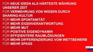 FÜR NEUE IDEEN ALS HÄRTESTE WÄHRUNG
UNSERER ZEIT
FÜR VERMEHRUNG VON WISSEN DURCH
SHARING-KULTUR
FÜR MEHR SPONTANITÄT
FÜR MEHR EIGENVERANTWORTUNG
FÜR MEHR MUT
FÜR POSITIVE EIGENDYNAMIK
FÜR EFFIZIENTERE RAUMLÖSUNGEN
FÜR MEHR DIFFERENZIERUNG VOM WETTBEWERB
FÜR MEHR SPASS
 