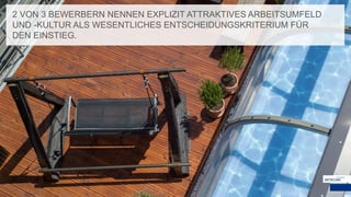 2 VON 3 BEWERBERN NENNEN EXPLIZIT ATTRAKTIVES ARBEITSUMFELD
UND -KULTUR ALS WESENTLICHES ENTSCHEIDUNGSKRITERIUM FÜR
DEN EINSTIEG.
 