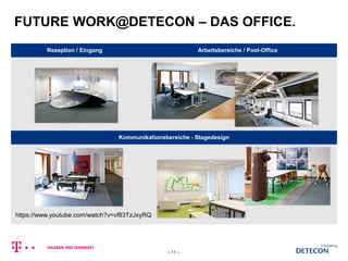 FUTURE WORK@DETECON – DAS OFFICE.
Kommunikationsbereiche - Stagedesign
Rezeption / Eingang Arbeitsbereiche / Pool-Office
https://www.youtube.com/watch?v=vf83TzJxyRQ
– 11 –
 