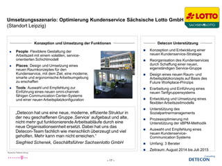 Umsetzungsszenario: Optimierung Kundenservice Sächsische Lotto GmbH
(Standort Leipzig)
– 17 –
 Konzeption und Entwicklung einer
neuen Kundenservice-Strategie
 Reorganisation des Kundenservices
durch Schaffung einer neuen,
eigenständigen Service-Gruppe
 Design eines neuen Raum- und
Arbeitsplatzkonzepts auf Basis des
Future Workplace-Prinzips
 Erarbeitung und Einführung eines
neuen Tarifgruppensystems
 Entwicklung und Umsetzung eines
flexiblen Arbeitszeitmodells
 Unterstützung des
Sozialpartnermanagements
 Prozessoptimierung mit
Unterstützung der sBPM-Methodik
 Auswahl und Empfehlung eines
neuen Kundenservice-
Communication Systems
 Umfang: 3 Berater
 Zeitraum: August 2014 bis Juli 2015
Konzeption und Umsetzung der Funktionen Detecon Unterstützung
 People: Flexiblere Gestaltung der
Arbeitszeit mit einem volatilen, service-
orientierten Schichtmodell
 Places: Design und Umsetzung eines
neuen Raumkonzeptes für den
Kundenservice, mit dem Ziel, eine moderne,
smarte und ergonomische Arbeitsumgebung
zu erschaffen
 Tools: Auswahl und Empfehlung zur
Einführung eines neuen omni-channel-
fähigen Communication Center-Systems
und einer neuen Arbeitsplatzkonfiguration
„Detecon hat uns eine neue, moderne, effiziente Struktur in
der neu geschaffenen Gruppe ‚Service‘ aufgebaut und alte,
nicht mehr gut funktionierende Arbeitsabläufe durch eine
neue Organisationseinheit ersetzt. Dabei hat uns das
Detecon-Team fachlich wie menschlich überzeugt und viel
geholfen. Mehr kann man nicht erreichen.“
Siegfried Schenek, Geschäftsführer Sachsenlotto GmbH
 