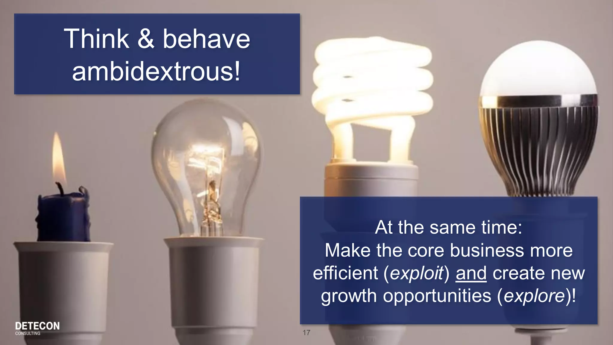 17
Think & behave
ambidextrous!
At the same time:
Make the core business more
efficient (exploit) and create new
growth opportunities (explore)!
 