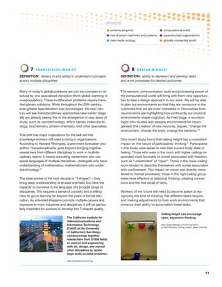 DRIVERS

                                                               • extreme longevity                  • computational world
                                                               • rise of smart machines and systems • superstructed organizations
                                                               • new media ecology                  • globally connected world



       7   Tra n s d iscip l i n ari t y                                        8   D e sig n mi n d s e t

Definition: literacy in and ability to understand concepts               Definition: ability to represent and develop tasks
across multiple disciplines                                              and work processes for desired outcomes


Many of today’s global problems are just too complex to be               The sensors, communication tools and processing power of
solved by one specialized discipline (think global warming or            the computational world will bring with them new opportuni-
overpopulation). These multifaceted problems require trans-              ties to take a design approach to our work. We will be able
disciplinary solutions. While throughout the 20th century,               to plan our environments so that they are conducive to the
ever-greater specialization was encouraged, the next cen-                outcomes that we are most interested in. Discoveries from
tury will see transdisciplinary approaches take center stage.            neuroscience are highlighting how profoundly our physical
We are already seeing this in the emergence of new areas of              environments shape cognition. As Fred Gage, a neurobio-
study, such as nanotechnology, which blends molecular bi-                logist who studies and designs environments for neuro-
ology, biochemistry, protein chemistry, and other specialties.           genesis (the creation of new neurons), argues, “change the
                                                                         environment, change the brain, change the behavior.”5
This shift has major implications for the skill set that
knowledge workers will need to bring to organizations.                   One recent study found that ceiling height has a consistent
According to Howard Rheingold, a prominent forecaster and                impact on the nature of participants’ thinking.6 Participants
author, “transdisciplinarity goes beyond bringing together               in the study were asked to rate their current body state or
researchers from different disciplines to work in multidis-              feeling. Those who were in the room with higher ceilings re-
ciplinary teams. It means educating researchers who can                  sponded more favorably to words associated with freedom,
speak languages of multiple disciplines—biologists who have              such as “unrestricted” or “open”. Those in the lower-ceiling
understanding of mathematics, mathematicians who under-                  room tended to describe themselves with words associated
stand biology.”4                                                         with confinement. This impact on mood was directly trans-
                                                                         ferred to mental processes; those in the high-ceiling group
The ideal worker of the next decade is “T-shaped”—they                   were more effective at relational thinking, creating connec-
bring deep understanding of at least one field, but have the             tions and the free recall of facts.
capacity to converse in the language of a broader range of
disciplines. This requires a sense of curiosity and a willing-           Workers of the future will need to become adept at rec-
ness to go on learning far beyond the years of formal edu-               ognizing the kind of thinking that different tasks require,
cation. As extended lifespans promote multiple careers and               and making adjustments to their work environments that
exposure to more industries and disciplines, it will be particu-         enhance their ability to accomplish these tasks.
larly important for workers to develop this T-shaped quality.
                                                                                                     Ceiling height can encourage
                                  The California Institute for                                       open, expansive thinking.
                                  Telecommunications and
                                  Information Technology                                             http://scienceblogs.com/mixingmemo-
                                                                                                     ry/2007/05/does_ceiling_height_affect_the.php
                                  (Calit2) at the University
                                  of California’s San Diego
                                  campus brings together
                                  researchers from STEM fields
                                  of science and engineering
                                  with art, design, and myriad
                                  other disciplines to tackle
                                  large scale societal problems.

                                  http://socialmovement.org




                                                                                                                                                11
 