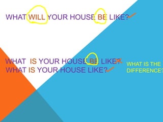 WHAT WILL YOUR HOUSE BE LIKE?




WHAT IS YOUR HOUSE BE LIKE?   WHAT IS THE
WHAT IS YOUR HOUSE LIKE?      DIFFERENCE?
 