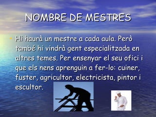 NOMBRE DE MESTRES Hi haurà un mestre a cada aula. Però també hi vindrà gent especialitzada en altres temes. Per ensenyar el seu ofici i que els nens aprenguin a fer-lo: cuiner, fuster, agricultor, electricista, pintor i escultor. 