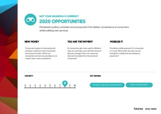 Product / service enhancement
2020 OPPORTUNITIES
Consumers expect to be paying with
whatever method is most convenient
and natural to them. What can
companies and service providers do to
make it even more convenient?
As consumers get more used to different
type of currencies, how will their sense of
security change? How can customer
data be translated into transactional
currencies?
Providing mobile payment for consumers
is a must. What other services can be
included in mobile that are related to
payments?
RETAIL TRENDS
NEW MONEY YOU ARE THE PAYMENT MOBILISE IT
MATURITY
NOT YOUR GRANDMA’S CURRENCY
Monetised auxiliary activities around payment that deliver convenience to consumers
while building new services.
KEY DRIVERS
New market reach
8
 
