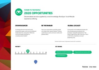 2020 OPPORTUNITIES
As things become more and more
powered by peers, what are the different
implications for consumers? What do
trust and loyalty look like in a
crowdsourced market?
How can corporations use their power
and utilise their network better? Putting
customers to work can be an active and
passive effort.
Consumers trust traditional brands and
are simultaneously excited by the
boutique / bespoke experiences. The
future might bring a flip of the two. This is
a shift that companies can start
preparing now.
RETAIL TRENDS
CROWDSOURCED BE THE ENABLER GLOBAL LOCALIST
MATURITY
POWER TO THE PEOPLE
Decentralised services supplied by crowd knowledge. Boutique / local lifestyle
experience offering.
KEY DRIVERS
New market reach
4
Business model innovation, Organisational culture shift, Cost efficiency
Business model innovation Organisational culture shift
Cost efficiency
 