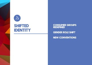 SHIFTED
IDENTITY
CONSUMER GROUPS
REDEFINED
GENDER ROLE SHIFT
NEW CONVENTIONS
 