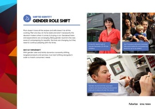 GENDER ROLE SHIFT
SHIFTED IDENTITY
Mum doesn’t have all the recipes and wife doesn’t do all the
cooking. Men are stay-at-home dads and aren’t necessarily the
decision-makers when it comes to buying a car. Gendered tasks
and expectations are converging. Being gender neutral is the new
wave of campaigning for equality. Services are changing, but they
need to continue adapting with the times.
WHY IS IT IMPORTANT?
With gender roles and family dynamics constantly shifting,
targeted products and services must start shifting alongside in
order to match consumers’ needs.
In the US, nearly half of
women between 15-44 are
childless.
Gender neutral and fair payment
systems are slowly being introduced for
haircuts in salons all over the world.
San Francisco will soon mandate
fully paid maternity and paternity
leave for up to six weeks.
RETAIL TRENDS
 
