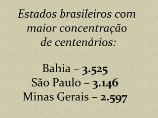 Estados brasileiros com maior concentração de centenários:Bahia – 3.525São Paulo – 3.146Minas Gerais – 2.597