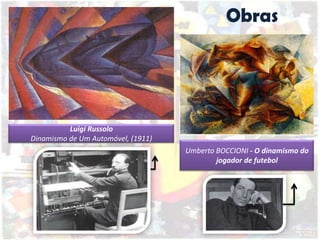 Obras
Luigi Russolo
Dinamismo de Um Automóvel, (1911)
Umberto BOCCIONI - O dinamismo do
jogador de futebol
 