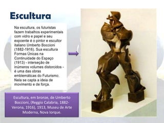 Escultura
Escultura, em bronze, de Umberto
Boccioni, (Reggio Calabria, 1882-
Verona, 1916), 1913, Museu de Arte
Moderna, Nova Iorque.
 