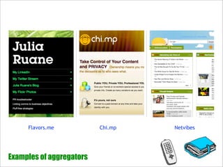 Flavors.me           Chi.mp   Netvibes




Examples of aggregators
 