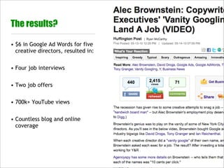 The results?

• $6 in Google Ad Words for five
  creative directors, resulted in:


• Four job interviews


• Two job offers


• 700k+ YouTube views


• Countless blog and online
  coverage
 
