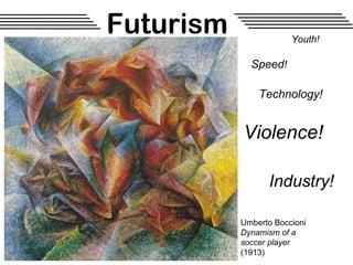 Futurism               Youth!

             Speed!

               Technology!


           Violence!

                 Industry!

           Umberto Boccioni
           Dynamism of a
           soccer player
           (1913)
 