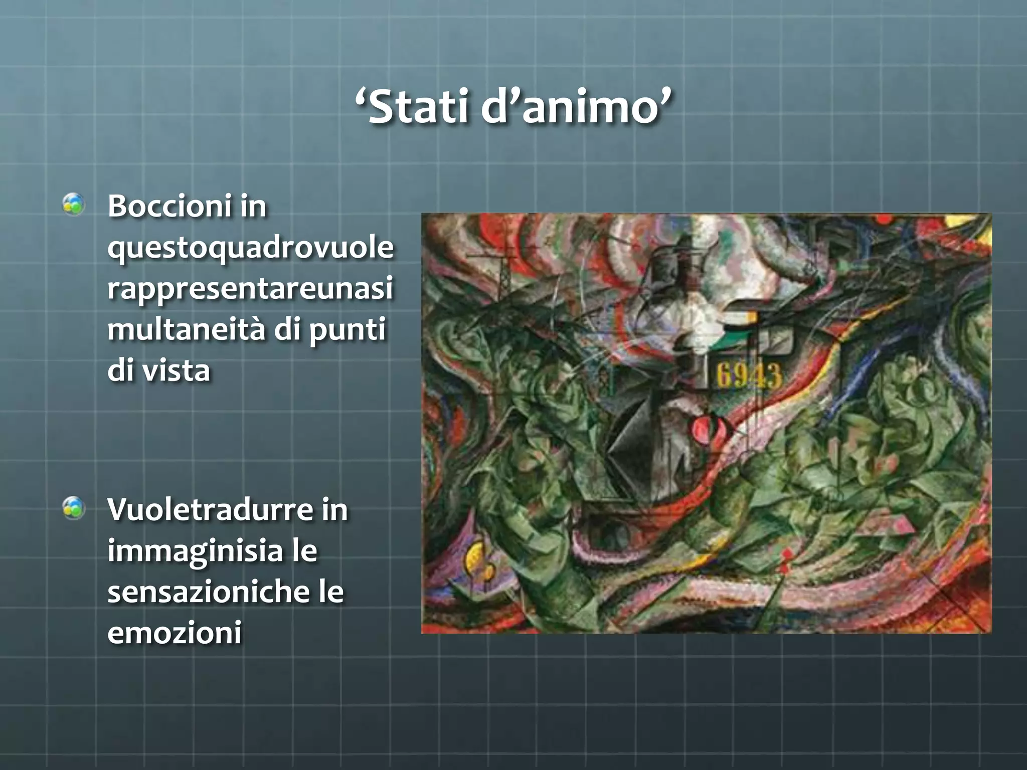 ‘Stati d’animo’
Boccioni in
questoquadrovuole
rappresentareunasi
multaneità di punti
di vista
Vuoletradurre in
immaginisia le
sensazioniche le
emozioni