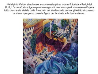 Nel dipinto Visioni simultanee, esposto nella prima mostra futurista a Parigi del
1912, L'"azione" si svolge su piani sovrapposti, con lo scopo di mostrare nell'opera
tutto ciò che sia visibile dalla finestra in cui si affaccia la donna; gli edifici si curvano
e si scompongono, come le figure per la strada e la donna stessa.
 