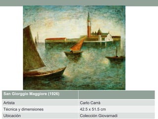 San Giorggio Maggiore (1926)
Artista Carlo Carrà
Técnica y dimensiones 42.5 x 51.5 cm
Ubicación Colección Giovarnadi
 