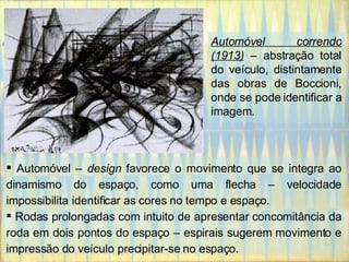 Automóvel correndo (1913)  – abstração total do veículo, distintamente das obras de Boccioni, onde se pode identificar a imagem. Automóvel –  design  favorece o movimento que se integra ao dinamismo do espaço, como uma flecha – velocidade impossibilita identificar as cores no tempo e espaço. Rodas prolongadas com intuito de apresentar concomitância da roda em dois pontos do espaço – espirais sugerem movimento e impressão do veículo precipitar-se no espaço. 