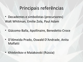 Principais referências
• Decadentes e simbolistas (precursores)
Walt Whitman, Emilie Zola, Paul Adam

• Giácomo Balla, Apollinaire, Benedetto Croce

• D’Almeida Prado, Oswald D’Andrade, Anita
  Malfatti

• Khlebnikov e Maiakovski (Rússia)
 