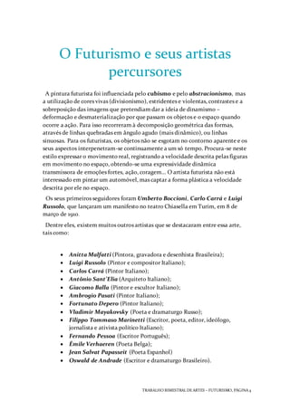 TRABALHO BIMESTRAL DEARTES – FUTURISMO, PÁGINA 4
O Futurismo e seus artistas
percursores
A pintura futurista foi influenciada pelo cubismo e pelo abstracionismo, mas
a utilização de cores vivas (divisionismo), estridentes e violentas, contrastes e a
sobreposição das imagens que pretendiam dar a ideia de dinamismo –
deformação e desmaterialização por que passam os objetos e o espaço quando
ocorre a ação. Para isso recorreram à decomposição geométrica das formas,
através de linhas quebradas em ângulo agudo (mais dinâmico), ou linhas
sinuosas. Para os futuristas, os objetos não se esgotam no contorno aparente e os
seus aspectos interpenetram-se continuamente a um só tempo. Procura-se neste
estilo expressar o movimento real, registrando a velocidade descrita pelas figuras
em movimento no espaço, obtendo-se uma expressividade dinâmica
transmissora de emoções fortes, ação, coragem… O artista futurista não está
interessado em pintar um automóvel, mas captar a forma plástica a velocidade
descrita por ele no espaço.
Os seus primeiros seguidores foram Umberto Boccioni, Carlo Carrá e Luigi
Russolo, que lançaram um manifesto no teatro Chiasella em Turim, em 8 de
março de 1910.
Dentre eles, existem muitos outros artistas que se destacaram entre essa arte,
tais como:
 Anitta Malfatti (Pintora, gravadora e desenhista Brasileira);
 Luigi Russolo (Pintor e compositor Italiano);
 Carlos Carrá (Pintor Italiano);
 Antônio Sant’Elia (Arquiteto Italiano);
 Giacomo Balla (Pintor e escultor Italiano);
 Ambrogio Pasati (Pintor Italiano);
 Fortunato Depero (Pintor Italiano);
 Vladimir Mayakovsky (Poeta e dramaturgo Russo);
 Filippo Tommaso Marinetti (Escritor, poeta, editor, ideólogo,
jornalista e ativista político Italiano);
 Fernando Pessoa (Escritor Português);
 Émile Verhaeren (Poeta Belga);
 Jean Salvat Papasseit (Poeta Espanhol)
 Oswald de Andrade (Escritor e dramaturgo Brasileiro).
 