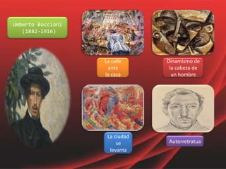Umberto Boccioni
   (1882-1916)




                   La calle     Dinamismo de
                    ante         la cabeza de
                   la casa        un hombre




                    La ciudad
                        se      Autorretratua
                     levanta
 