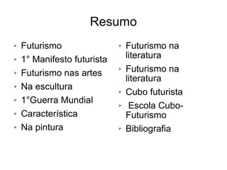 Resumo Futurismo 1° Manifesto futurista Futurismo nas artes Na escultura 1°Guerra Mundial Característica Na pintura Futurismo na literatura Futurismo na literatura Cubo futurista Escola Cubo-Futurismo Bibliografia 