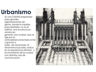 Urbanismo
 Es una CIUDAD preparada
 para grandes
 aglomeraciones de
 gente, donde la medida
 para diseñarla, no es el
 edificio, sino la estructura
 urbana en
 general. Una ciudad, que se
 rige por la
 verticalidad conectada entre
 sí gracias a
 redes de ascensores. El
 dinamismo buscado, radica
 en la arquitectura efímera y
 el movimiento de la ciudad
 con distintas vías de
 comunicación.
 