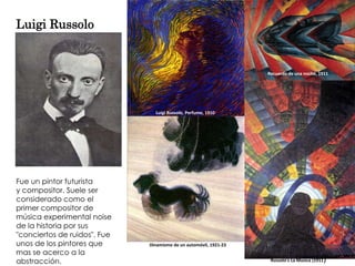 Luigi Russolo


                                                                   Recuerdo de una noche, 1911




                                Luigi Russolo, Perfume, 1910




Fue un pintor futurista
y compositor. Suele ser
considerado como el
primer compositor de
música experimental noise
de la historia por sus
"conciertos de ruidos". Fue
unos de los pintores que      Dinamismo de un automóvil, 1921-23
mas se acerco a la
abstracción.                                                                                )
                                                                    Russolo's La Musica (1911
 