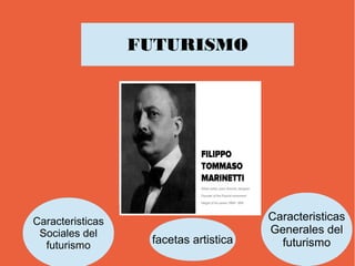 Caracteristicas 
Sociales del 
futurismo 
Caracteristicas 
Generales del 
FUTURISMO 
facetas artistica futurismo 
 