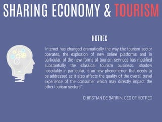 SHARING ECONOMY & TOURISM
‘Internet has changed dramatically the way the tourism sector
operates, the explosion of new online platforms and in
particular, of the new forms of tourism services has modified
substantially the classical tourism business. Shadow
hospitality in particular, is an new phenomenon that needs to
be addressed as it also affects the quality of the overall travel
experience of the consumer which may directly impact the
other tourism sectors’’.
CHIRSTIAN DE BARRIN, CEO OF HOTREC
HOTREC
 