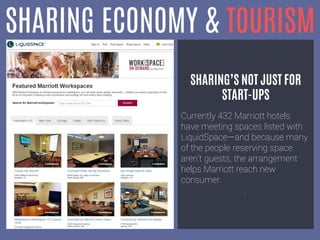 SHARING ECONOMY & TOURISM
SHARING’S NOT JUST FOR
START-UPS
Currently 432 Marriott hotels
have meeting spaces listed with
LiquidSpace—and because many
of the people reserving space
aren’t guests, the arrangement
helps Marriott reach new
consumer.
.
 