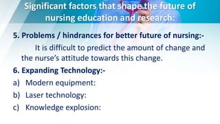 Significant factors that shape the future of
nursing education and research:
5. Problems / hindrances for better future of nursing:-
It is difficult to predict the amount of change and
the nurse’s attitude towards this change.
6. Expanding Technology:-
a) Modern equipment:
b) Laser technology:
c) Knowledge explosion:
 