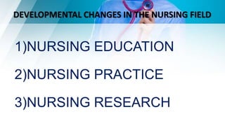 DEVELOPMENTAL CHANGES IN THE NURSING FIELD
1)NURSING EDUCATION
2)NURSING PRACTICE
3)NURSING RESEARCH
 