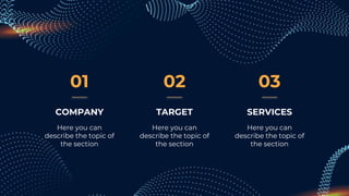 01
TARGET
Here you can
describe the topic of
the section
SERVICES
Here you can
describe the topic of
the section
COMPANY
Here you can
describe the topic of
the section
02 03
 