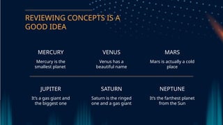 REVIEWING CONCEPTS IS A
GOOD IDEA
VENUS
Venus has a
beautiful name
MARS
Mars is actually a cold
place
MERCURY
Mercury is the
smallest planet
SATURN
Saturn is the ringed
one and a gas giant
NEPTUNE
Its the farthest planet
from the Sun
JUPITER
Its a gas giant and
the biggest one
 