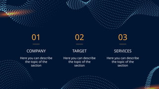 01
TARGET
Here you can describe
the topic of the
section
SERVICES
Here you can describe
the topic of the
section
COMPANY
Here you can describe
the topic of the
section
02 03
 