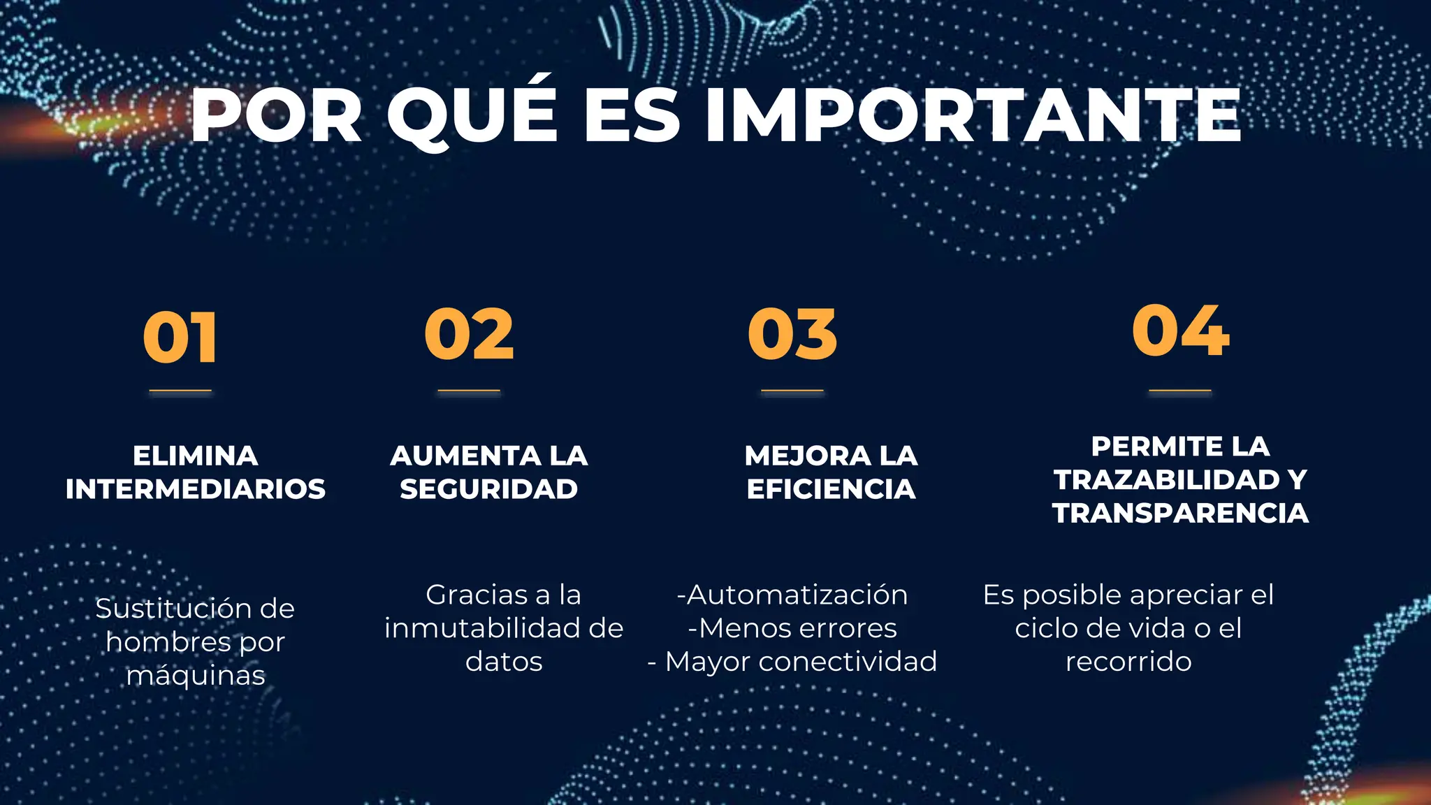 01
AUMENTA LA
SEGURIDAD
-Automatización
-Menos errores
- Mayor conectividad
MEJORA LA
EFICIENCIA
Es posible apreciar el
ciclo de vida o el
recorrido
ELIMINA
INTERMEDIARIOS
Gracias a la
inmutabilidad de
datos
02 03
POR QUÉ ES IMPORTANTE
04
PERMITE LA
TRAZABILIDAD Y
TRANSPARENCIA
Sustitución de
hombres por
máquinas
 