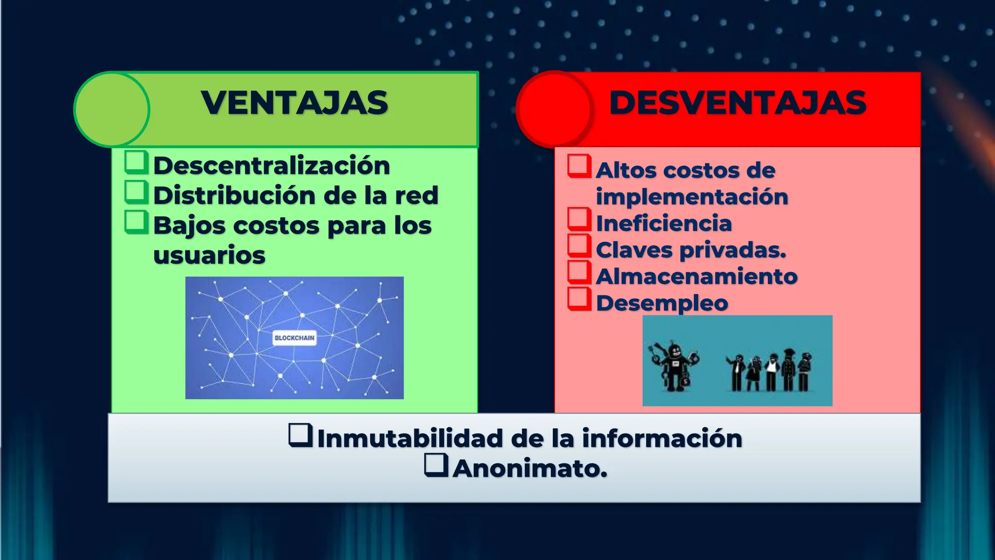 Descentralización
Distribución de la red
Bajos costos para los
usuarios
VENTAJAS DESVENTAJAS
Altos costos de
implementación
Ineficiencia
Claves privadas.
Almacenamiento
Desempleo
Inmutabilidad de la información
Anonimato.
 