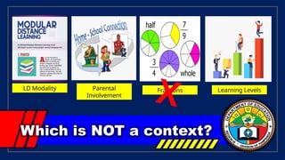 Which is NOT a context?
LD Modality Parental
Involvement
Fractions Learning Levels
X
 