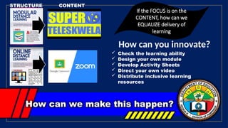 How can we make this happen?
STRUCTURE CONTENT
If the FOCUS is on the
CONTENT, how can we
EQUALIZE delivery of
learning
How can you innovate?
 Check the learning ability
 Design your own module
 Develop Activity Sheets
 Direct your own video
 Distribute inclusive learning
resources
 